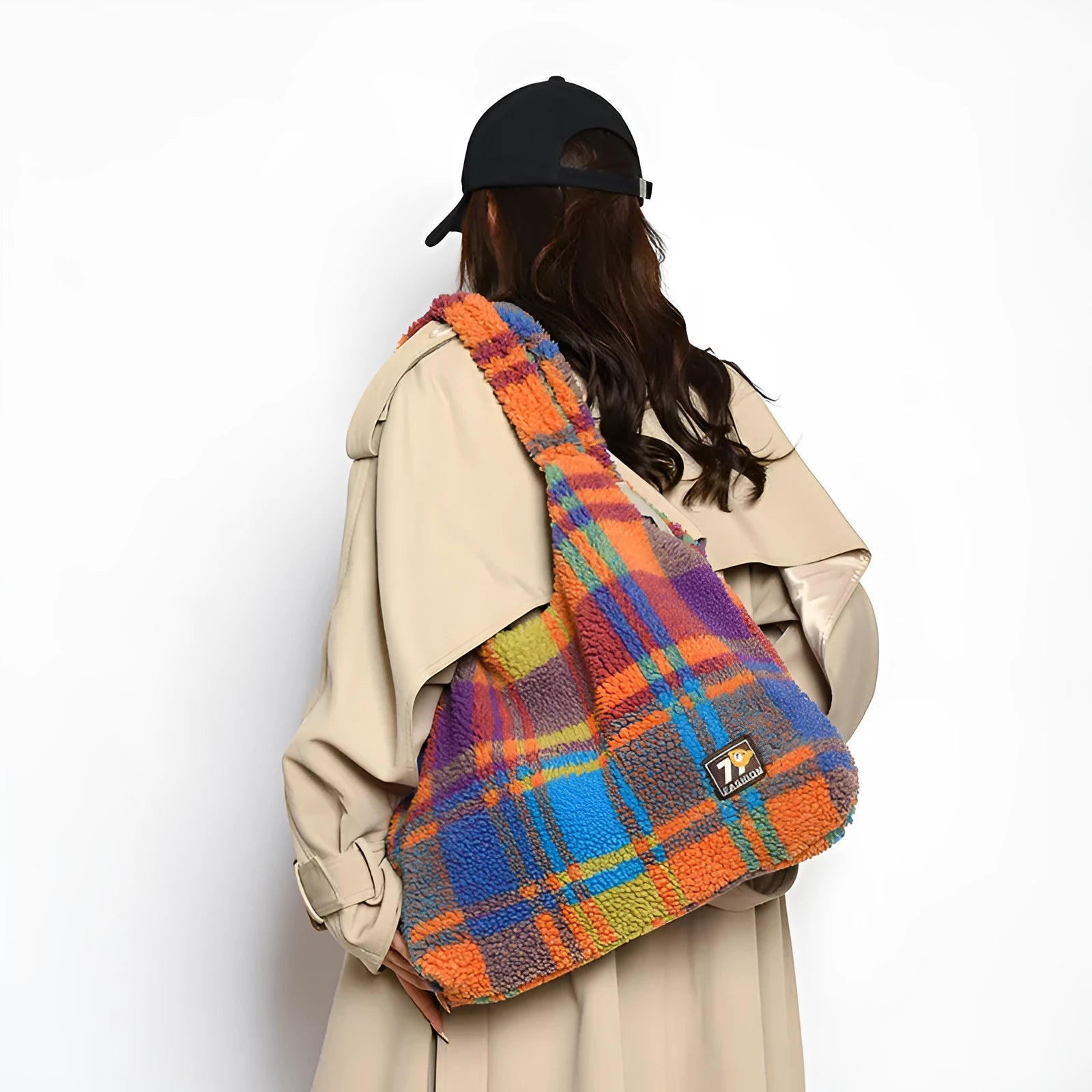 Women's plaid plush crossbody tote bag in Army Green showing horizontal square shape and shoulder strap