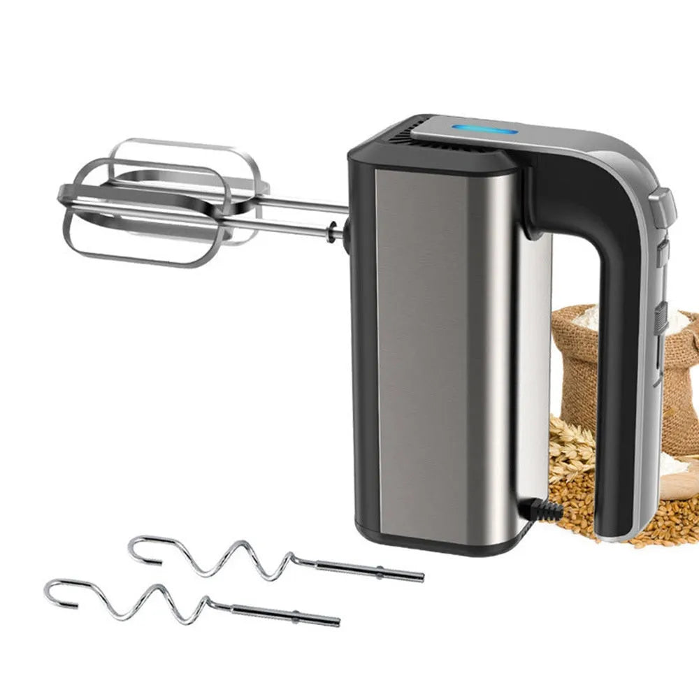 Silver handheld electric whisk with five speed settings and dual voltage compatibility