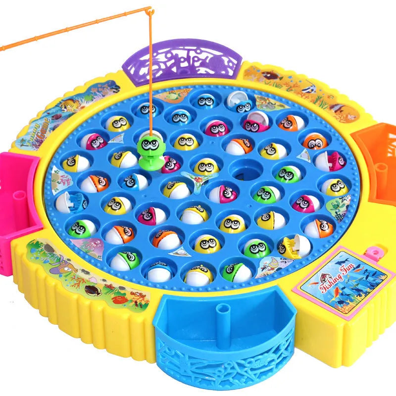 Children's electric rotating fishing machine toy with plastic fish, available in 15, 24 or 45 fish options for ages 4-6.