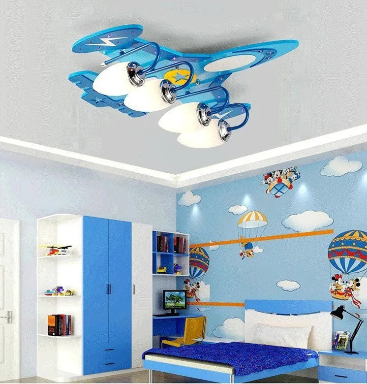 Cartoon aeroplane design remote-control LED ceiling light with rectangular glass shade for a child's room.