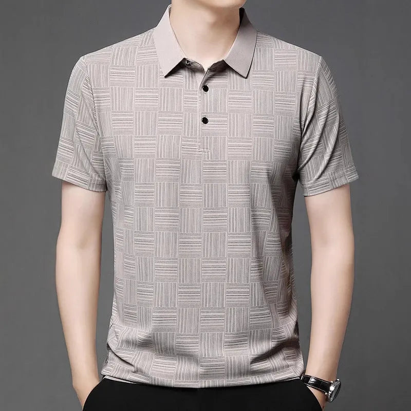 Men's slim fit lapel collar t-shirt in chemical fibre blend fabric, shown in multiple colour options