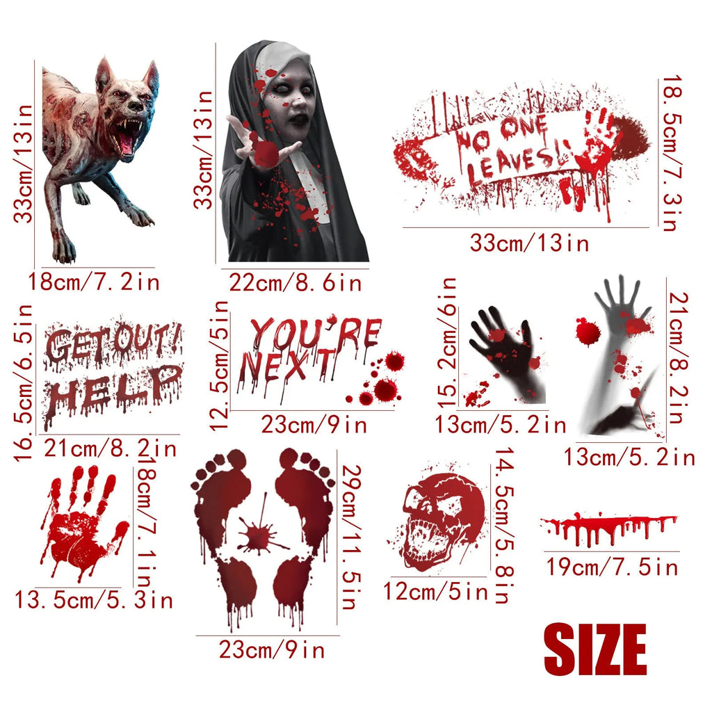 PVC horror wall sticker set with blood hands, feet, and skull motifs in New Blood Stain colour on a smooth wall