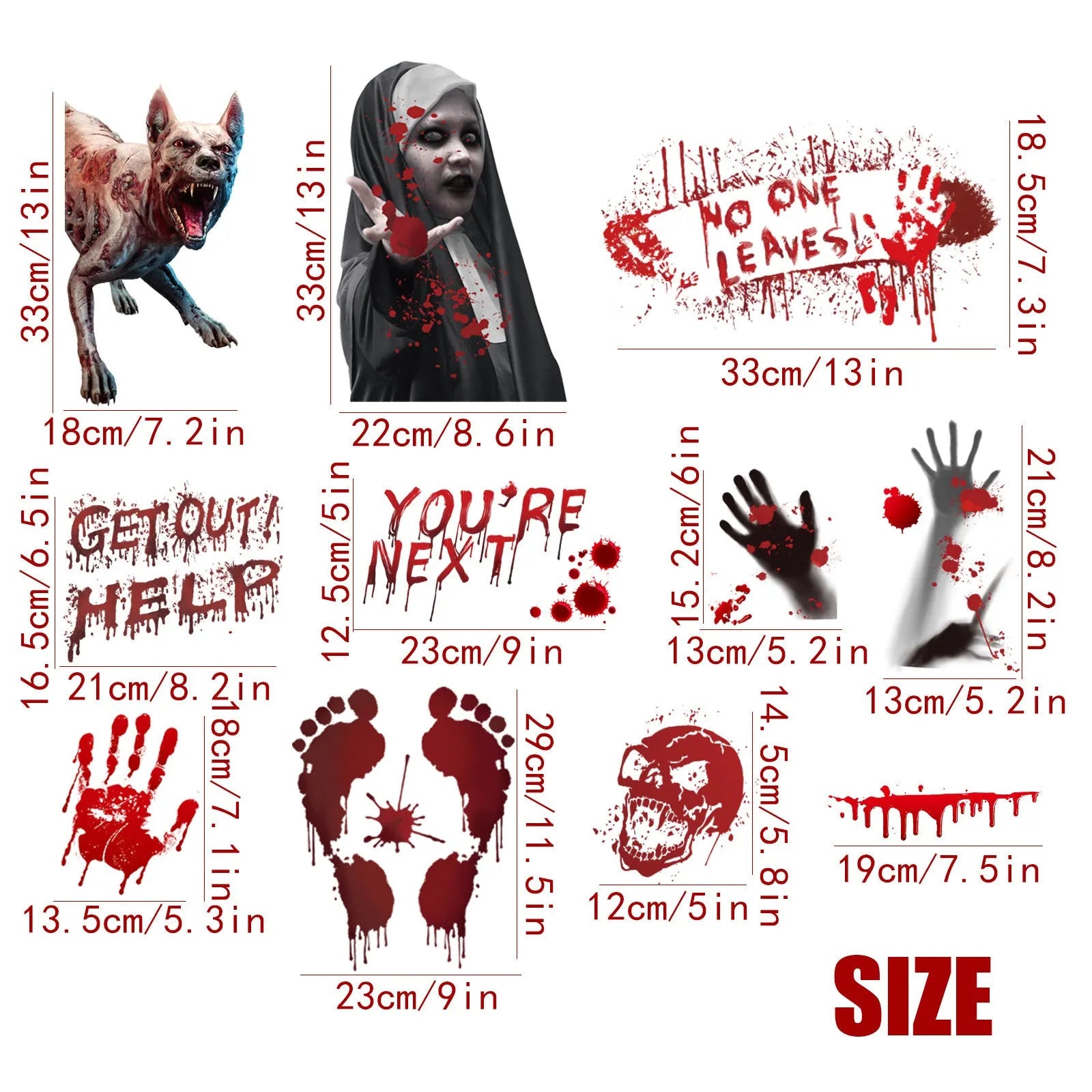 PVC horror wall sticker set with blood hands, feet, and skull motifs in New Blood Stain colour on a smooth wall