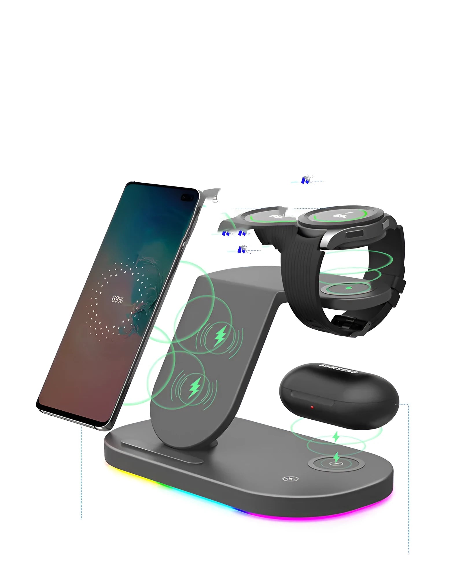 15W three-in-one wireless charger for mobile phones and watches in black and white options