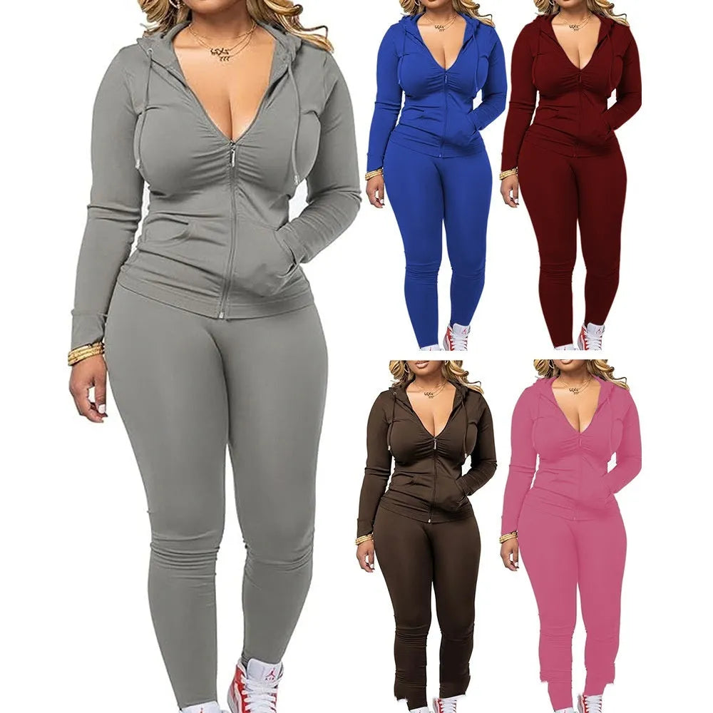 Women's milk silk fleece zipper hoodie and pants set in gray, front view