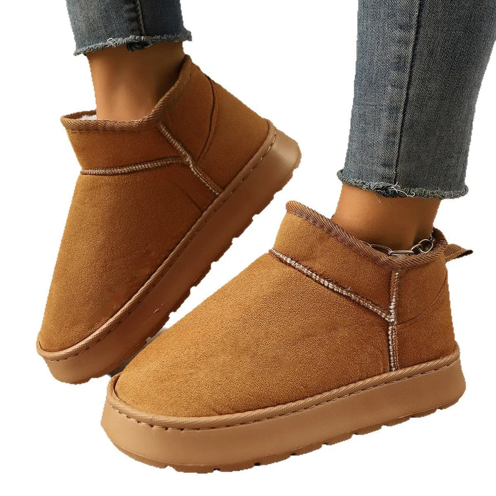 Short snow boots for women with thick non-slip soles and plush lining in black synthetic leather