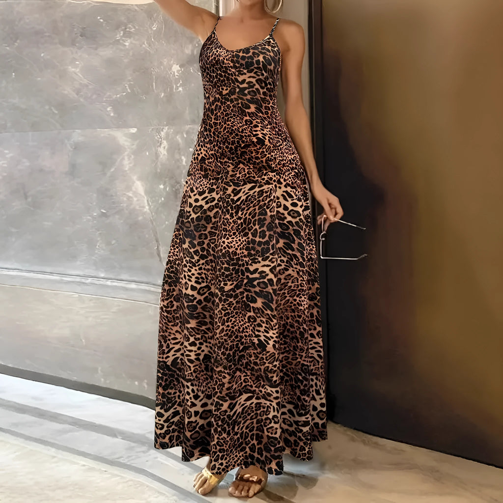 Women's dark brown leopard print dress with sleeveless round neck and shoulder strap details