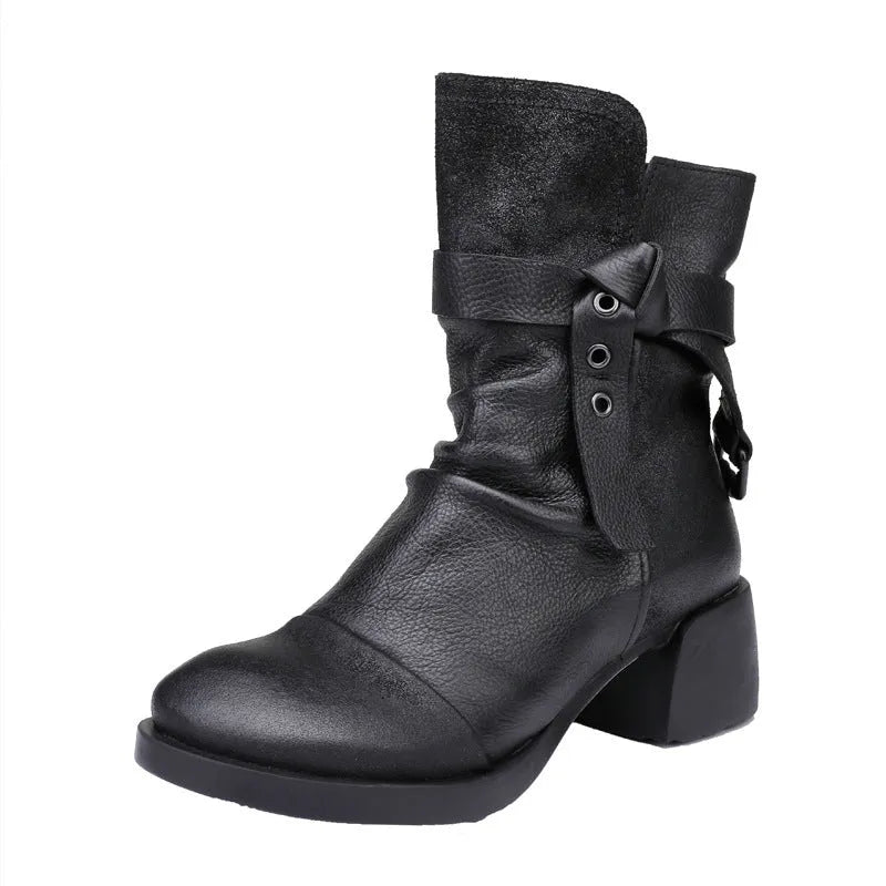 Women's retro chunky heel ankle boots in genuine leather with round toe
