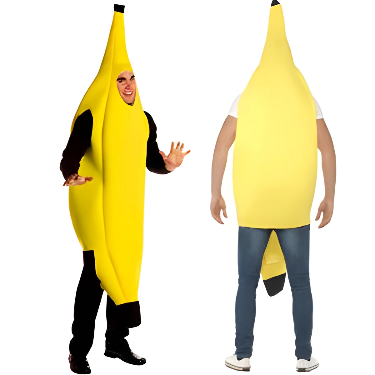 Yellow banana costume for adults made from polyester, available in sizes M and L