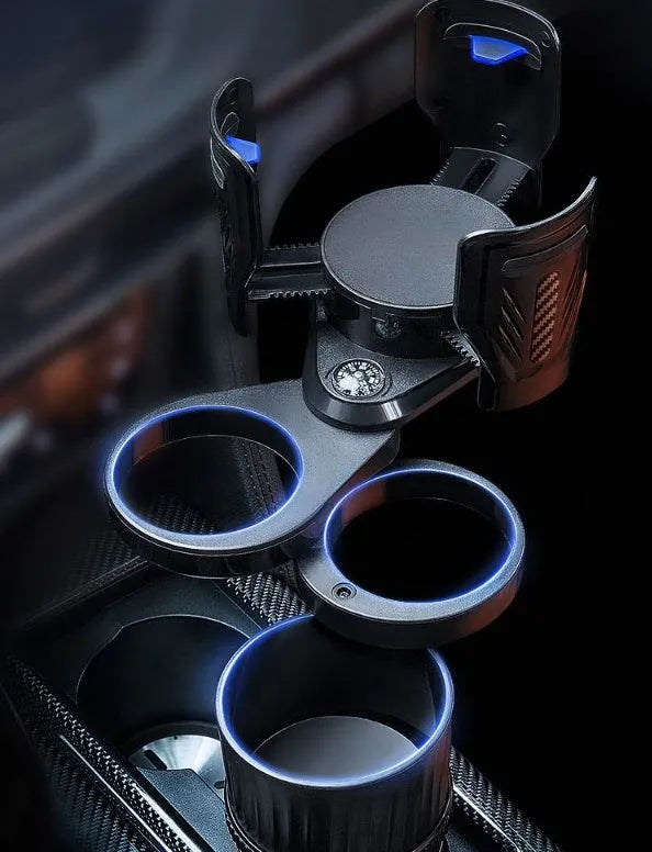 Black retractable car cup holder with adjustable base on a flat surface