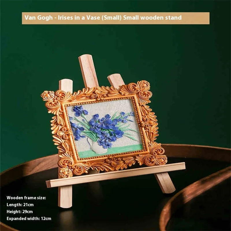 DIY paint-by-numbers kit showing canvas, acrylic paint pots, and brushes for recreating Van Gogh's Starry Night.