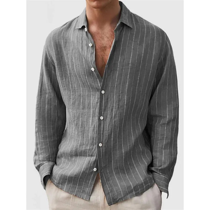 Men's striped cardigan shirt with loose fit and short sleeves in polyester fabric
