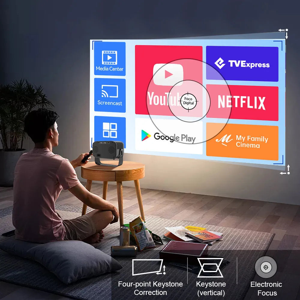 Black portable smart projector with remote control showing 1280x720 HD resolution and Android interface