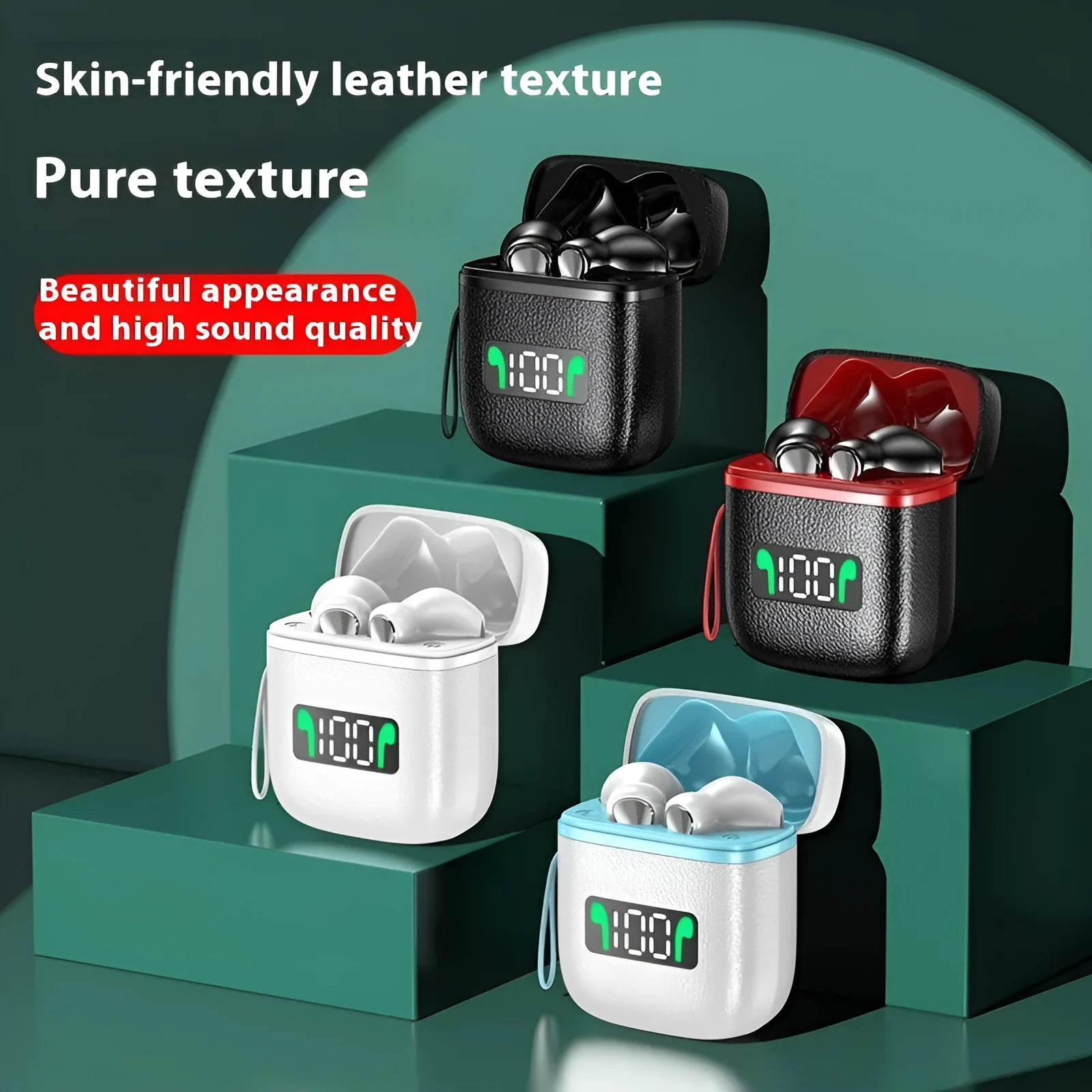 Bluetooth headset with digital display and leather pattern finish on earpiece, all black colour