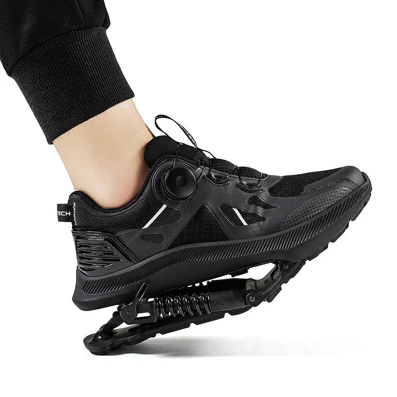 Black unisex running shoes with mesh upper, buckle fastening, and a textured rubber EVA sole.