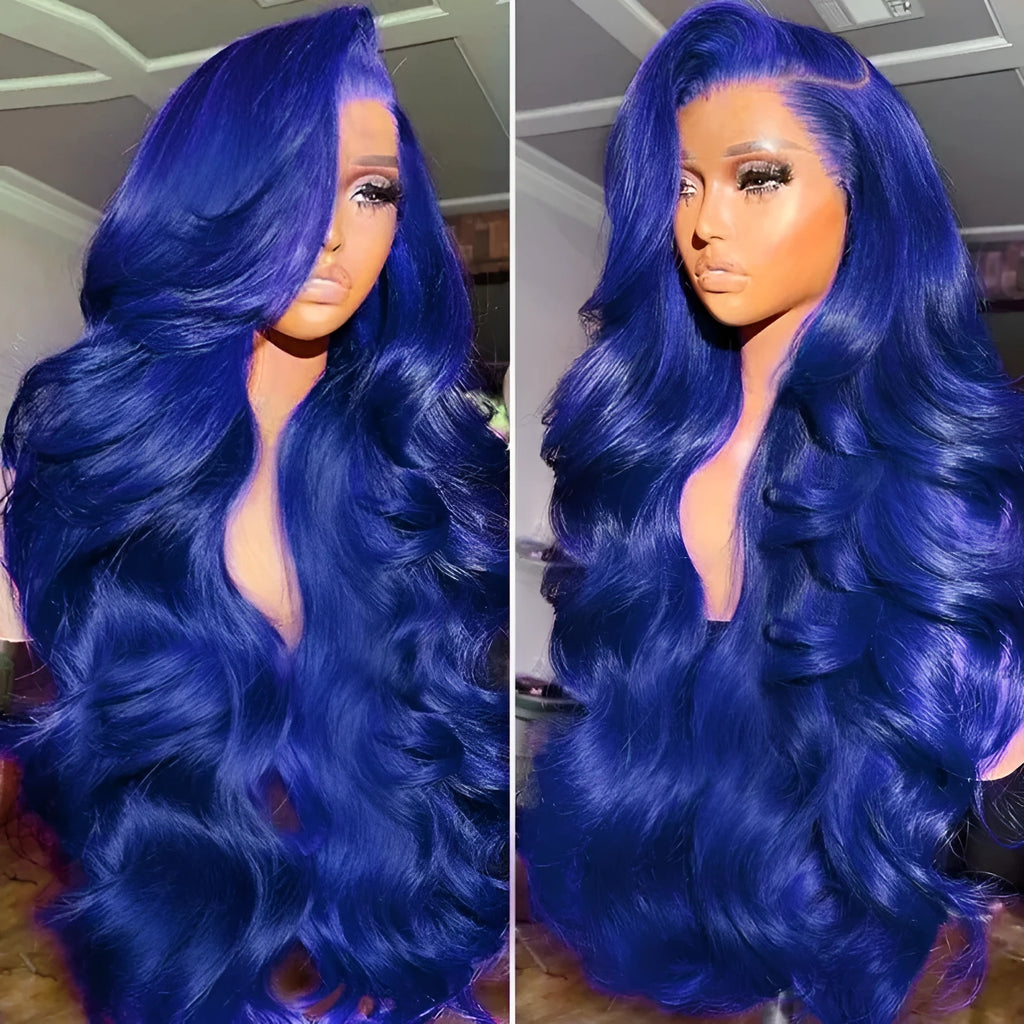 Women's dark blue wavy curly lace front wig with big wavy curls on a mannequin head