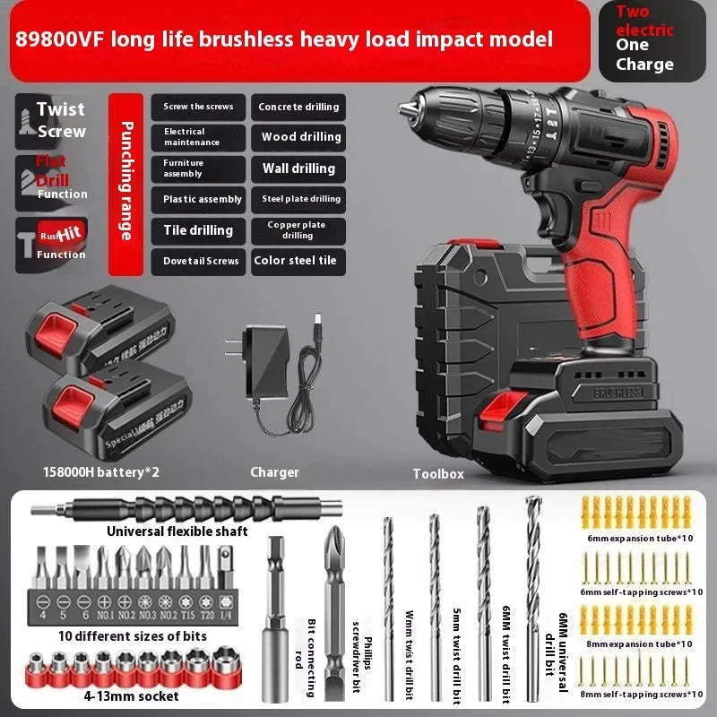 Brushless electric drill rechargeable 21V 400W with 10mm chuck and two batteries on a workbench