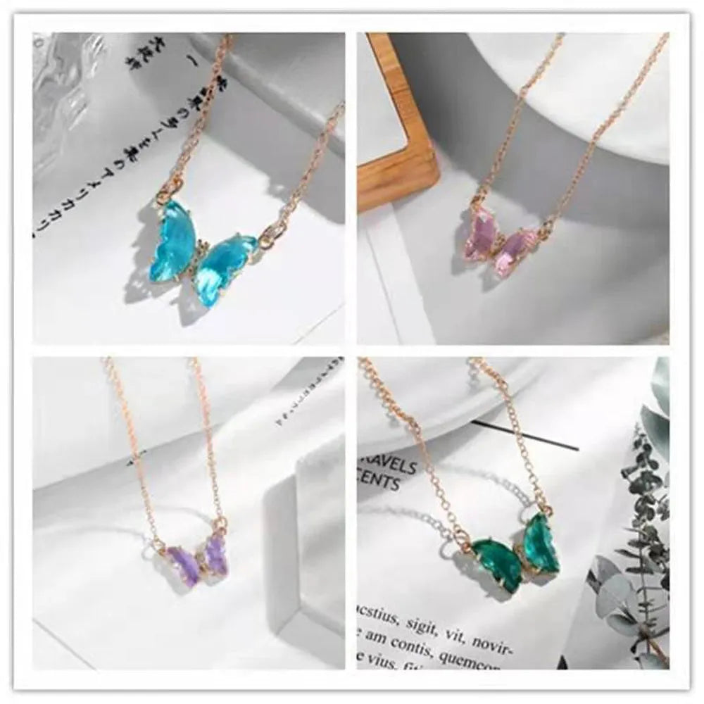 Crystal glass butterfly pendant necklace on water wave chain in blue colour, adjustable 51-80cm