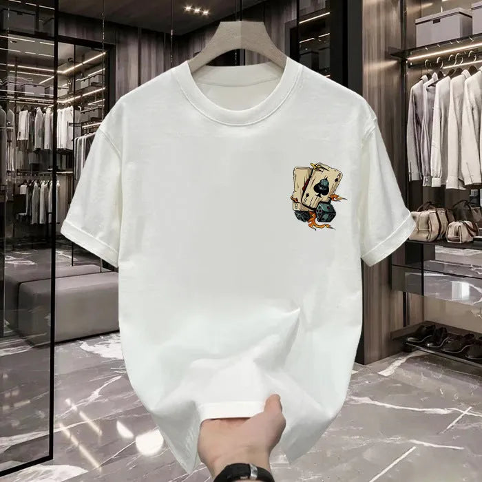 Men's black heavy cotton short-sleeve T-shirt with a printed design on a hanger.