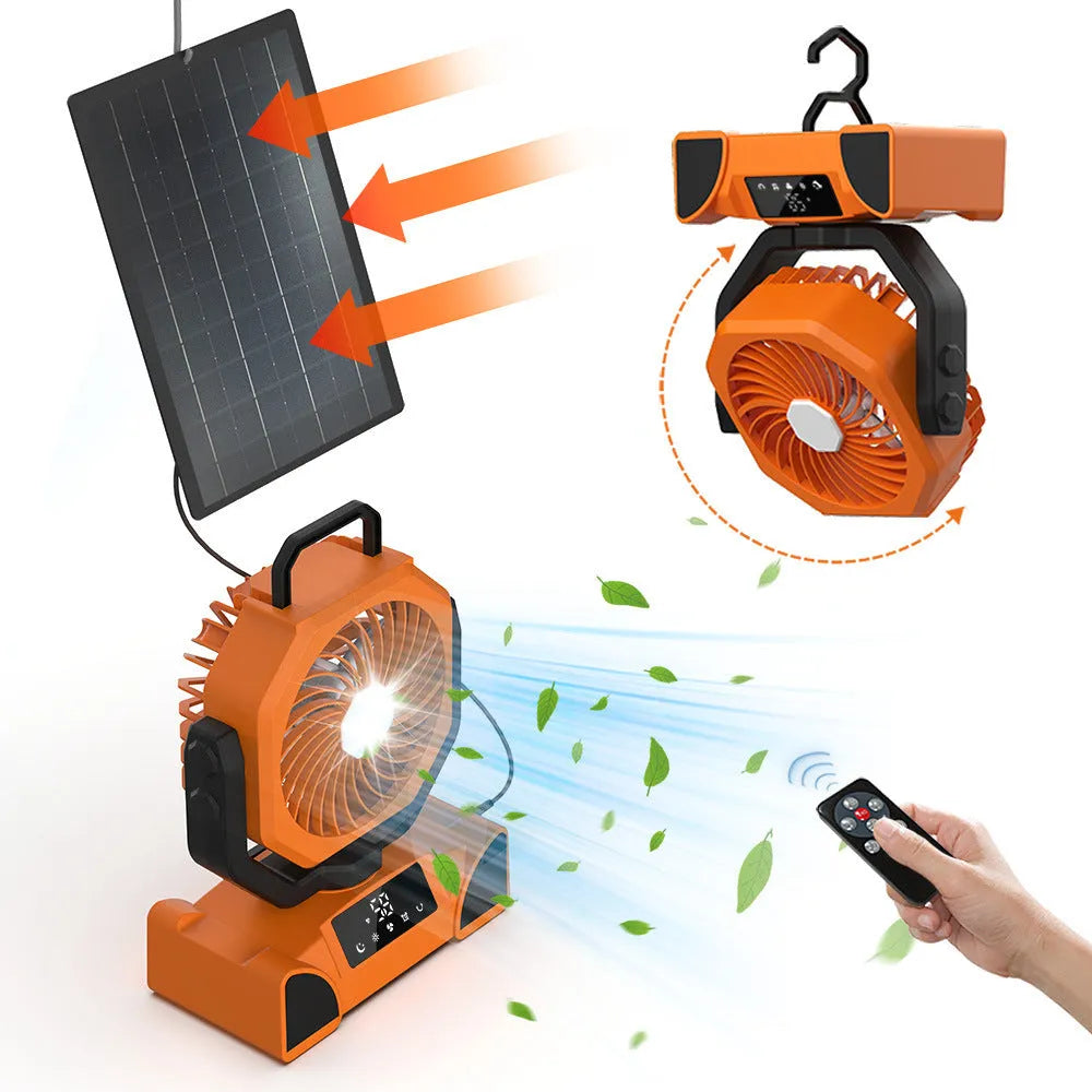Outdoor portable rechargeable lighting fan with remote control, shaking head, in F6 Orange colour