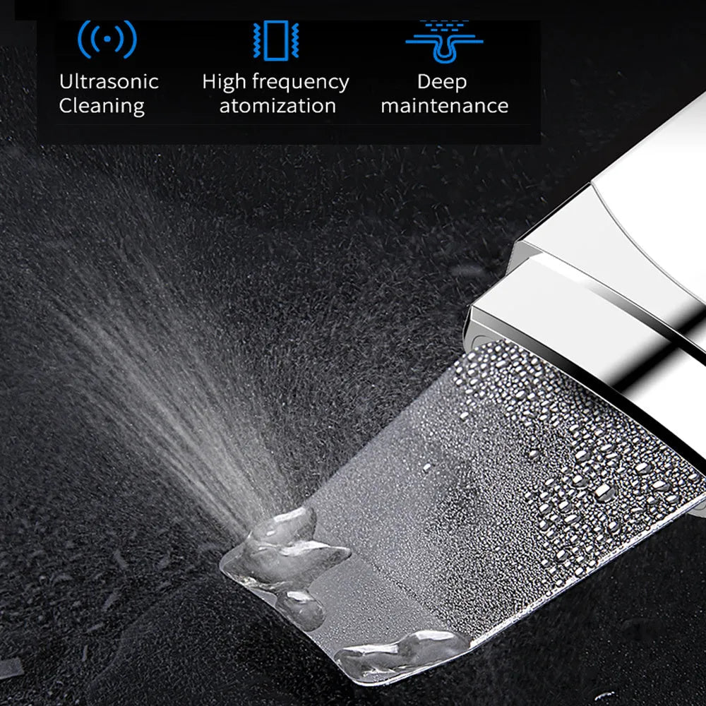 Ultrasonic peeling beauty instrument G77 white, 183.5 mm long, with stainless steel shovel head and USB charging cable