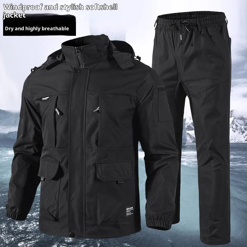 Men's camouflage outdoor casual jacket suit in green, long sleeves, synthetic fibre blend, coat and pants set