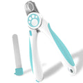Blue and white professional pet nail clipper with safety lock and nail file for dogs and cats.