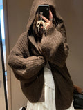 Women's dark grey retro hooded cardigan with loose fit and thick knit texture.