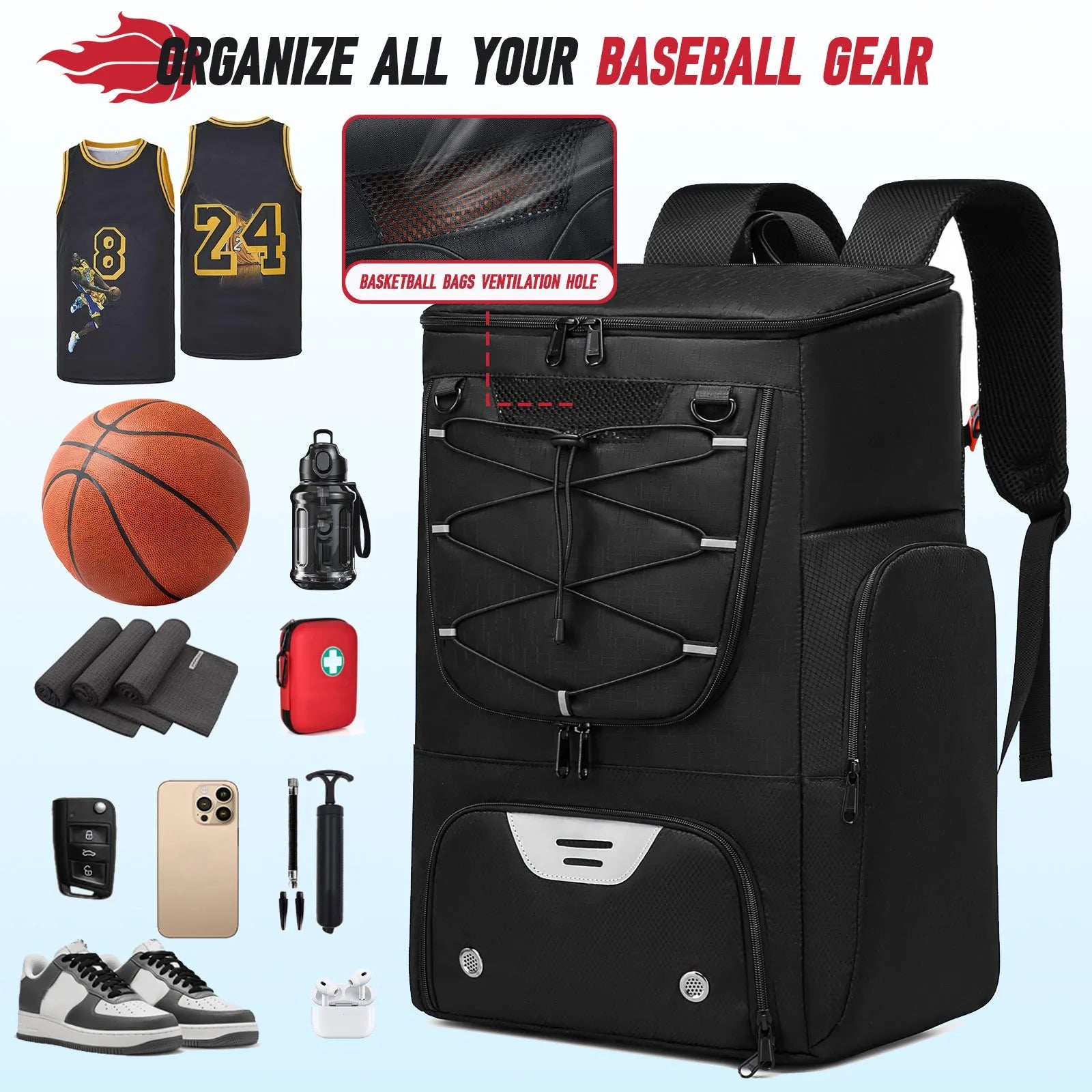 Black Oxford cloth basketball training backpack with large main compartment for sports equipment