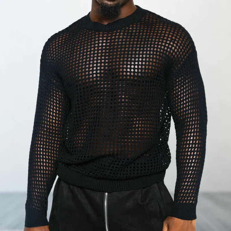 Black loose fit thin round neck acrylic pullover sweater on plain background