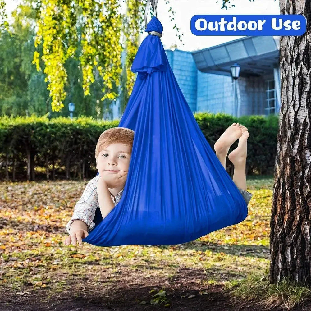 Silk nylon therapy swing for kids, 110in x 63in, with daisy chain, carabiner, and connecting rope, indoor outdoor sensory hammock