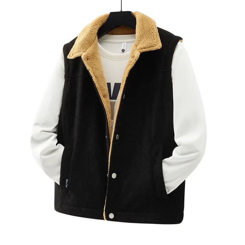 Men's corduroy flip collar jacket in army green, side view, showing fabric texture and collar detail