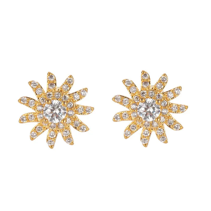SUNFLOWER advanced ear studs in gold white and platinum white with zircon mosaic on copper base