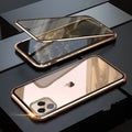 Geometric-patterned clamshell phone case in navy blue, open to show iPhone 13 Pro Max inside.