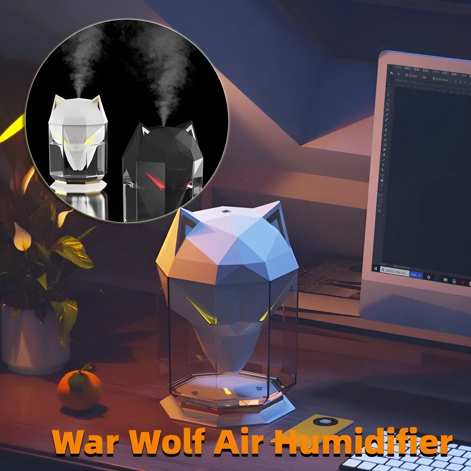 War Wolf black and white ultrasonic humidifier with colourful LED lights and USB cable