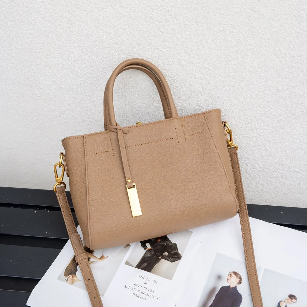Genuine leather women handbag horizontal square shape first layer cowhide soft with sewing line detailing daily matching bag