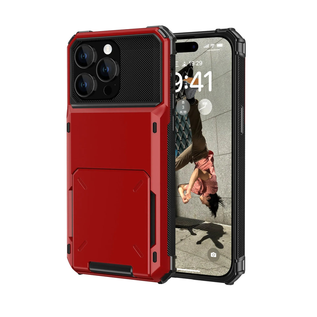 Fashion flip card phone case with PC hard shell in gray, showing card slot and iPhone compatibility
