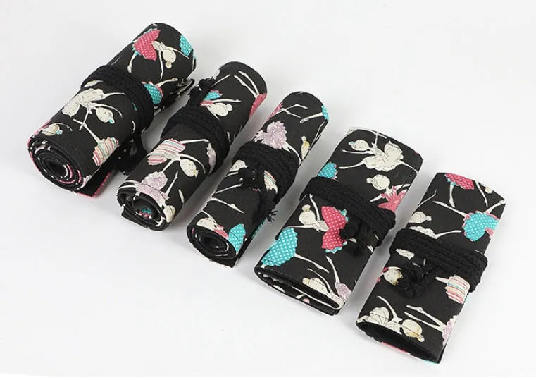 Square canvas rolling pencil case with Ballet Girl print, showing multiple holes for colour pencils.
