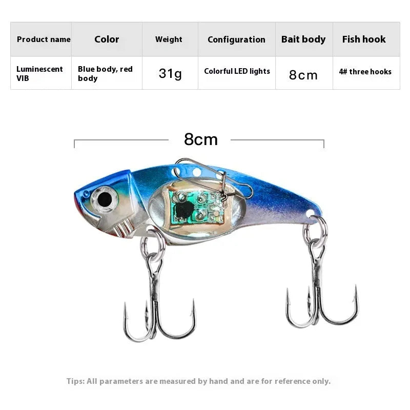Luminous Metal Vib electronic fishing lure shown in blue body and red body colour options
