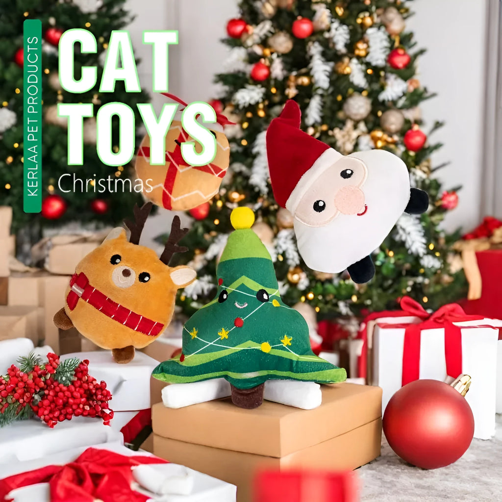 Christmas cat plush toy with catnip stuffing in festive designs including Santa Claus and Christmas Tree.