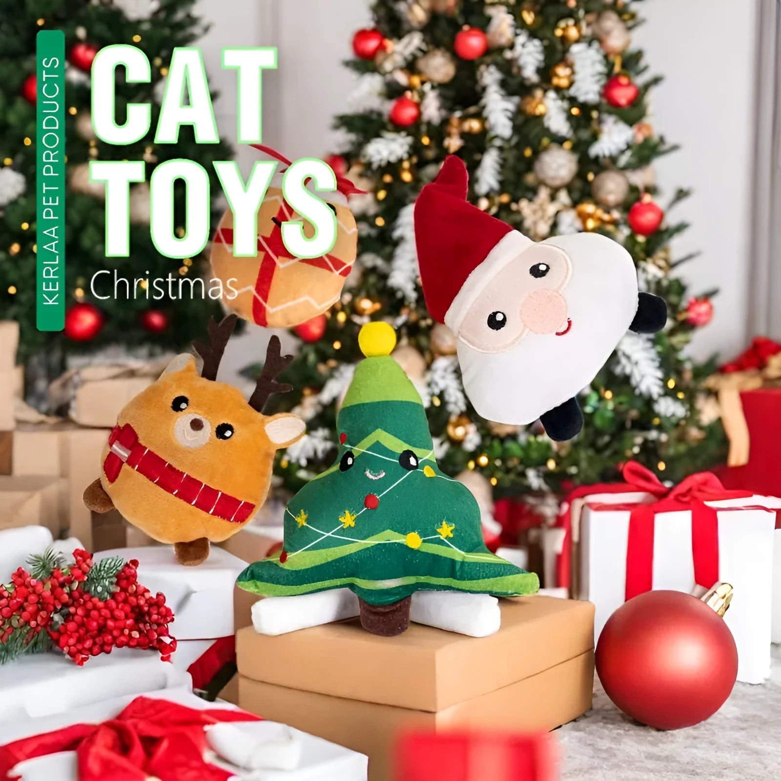 Christmas cat plush toy with catnip stuffing in festive designs including Santa Claus and Christmas Tree.