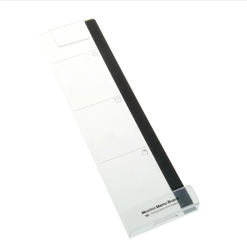 Clear acrylic monitor message memo board with suction mount, showing a post-it note attached, in a modern simple style