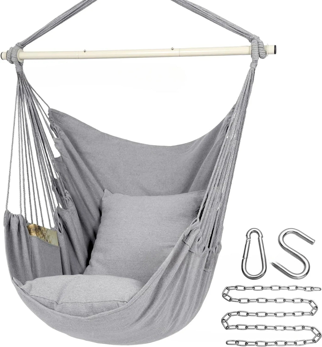 Folding canvas hammock with tassel, seat cushion, and iron pipe frame in beige