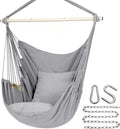 Folding canvas hammock with tassel, seat cushion, and iron pipe frame in beige