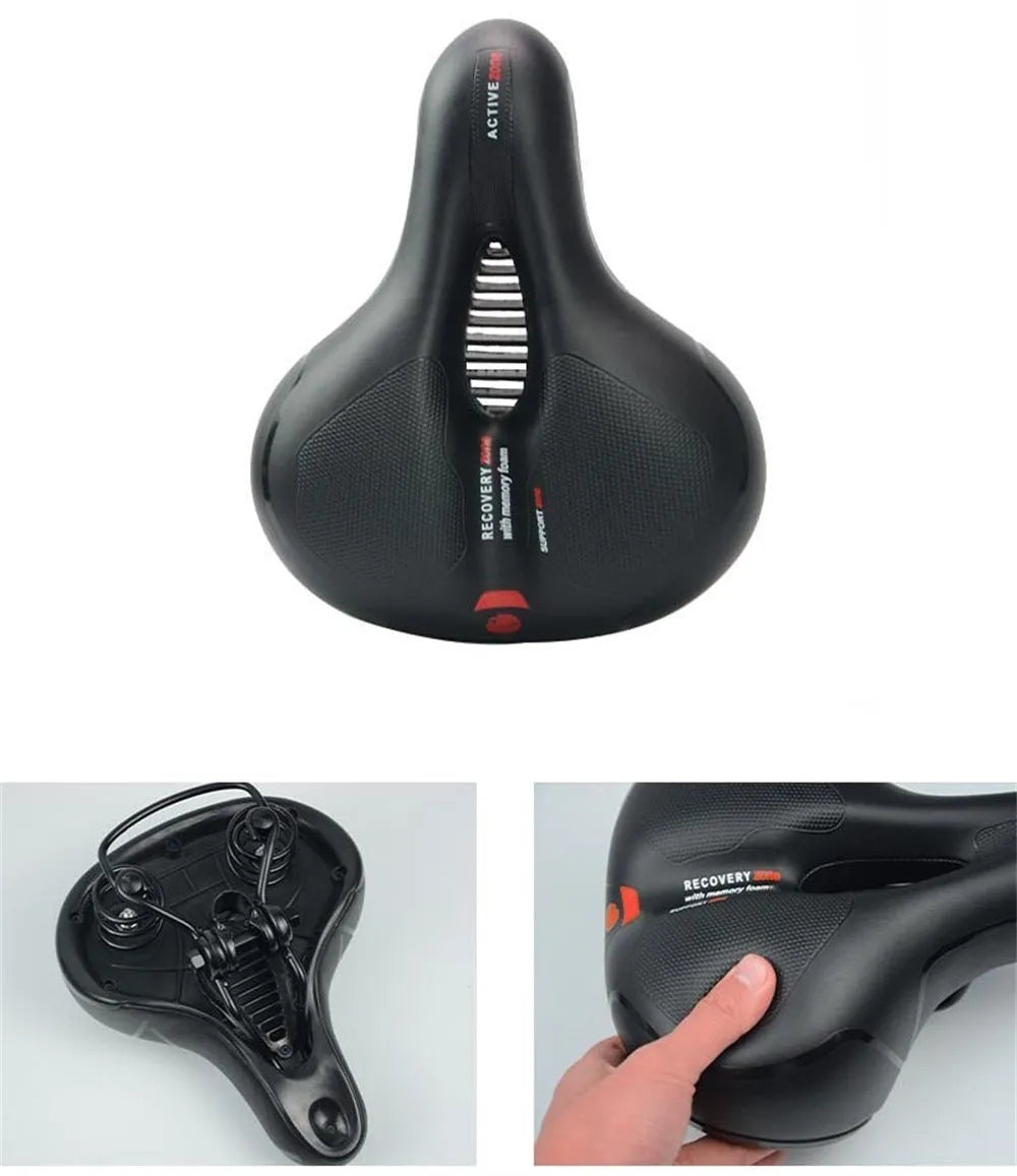 Thickened grey bicycle saddle with steel spring suspension system on a white background
