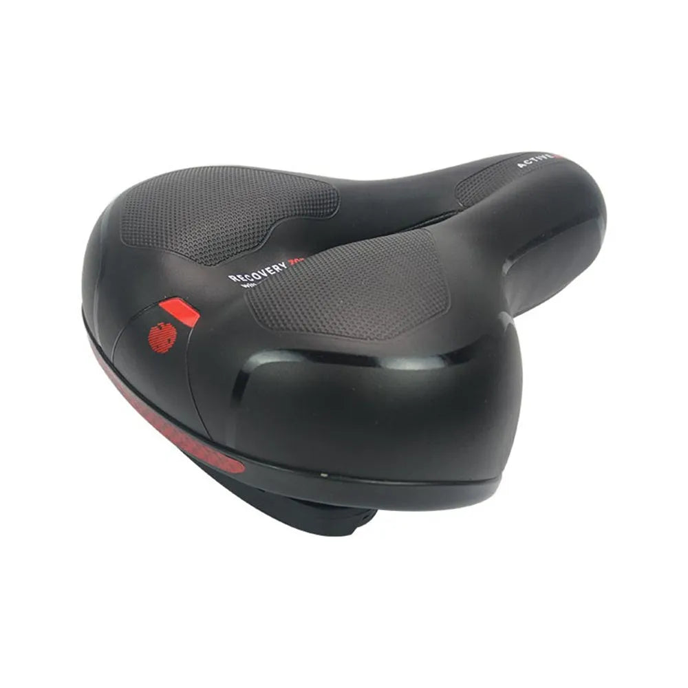 Thickened grey bicycle saddle with steel spring suspension system on a white background