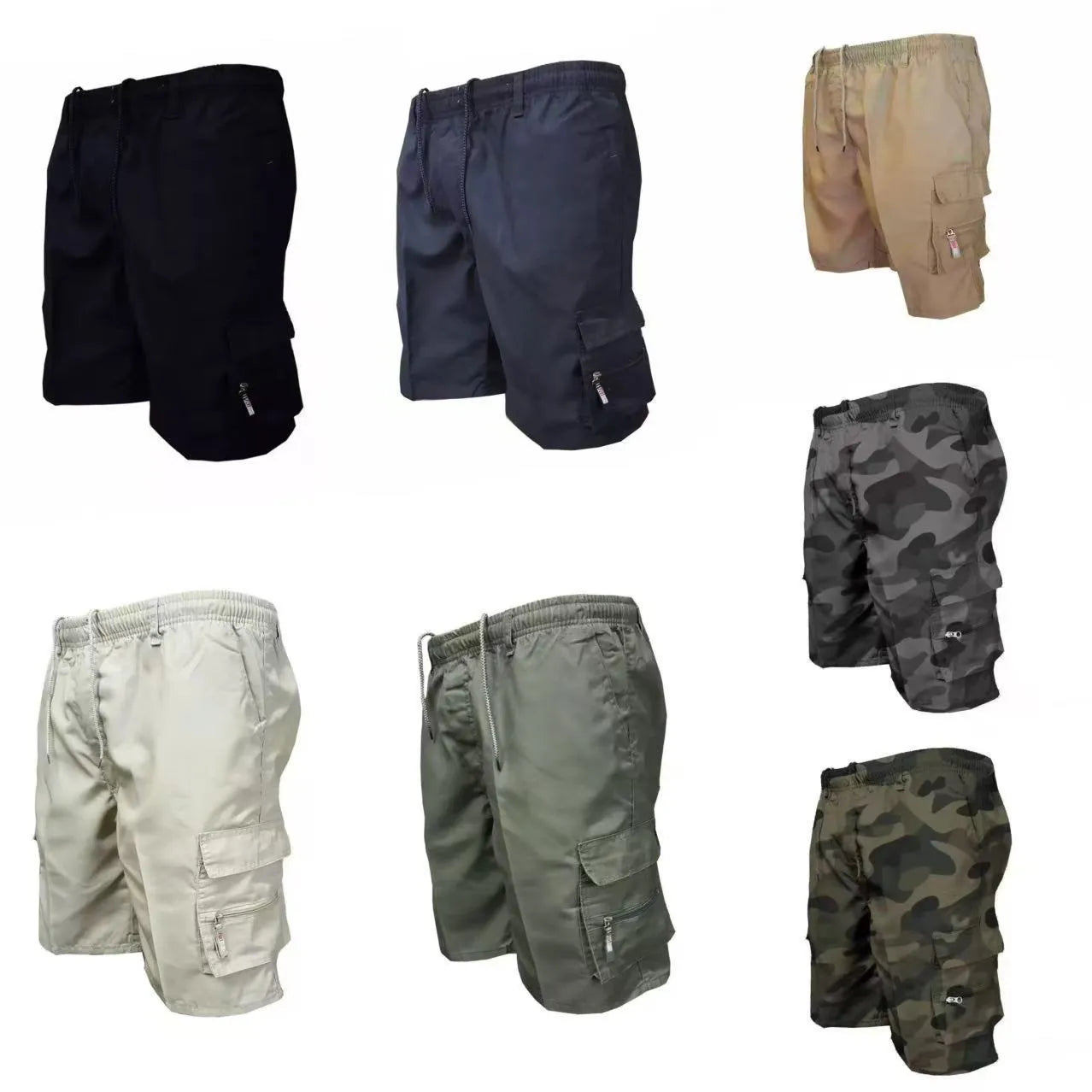 Men's loose-fit casual work trousers in polyester available in seven colours including camouflage patterns