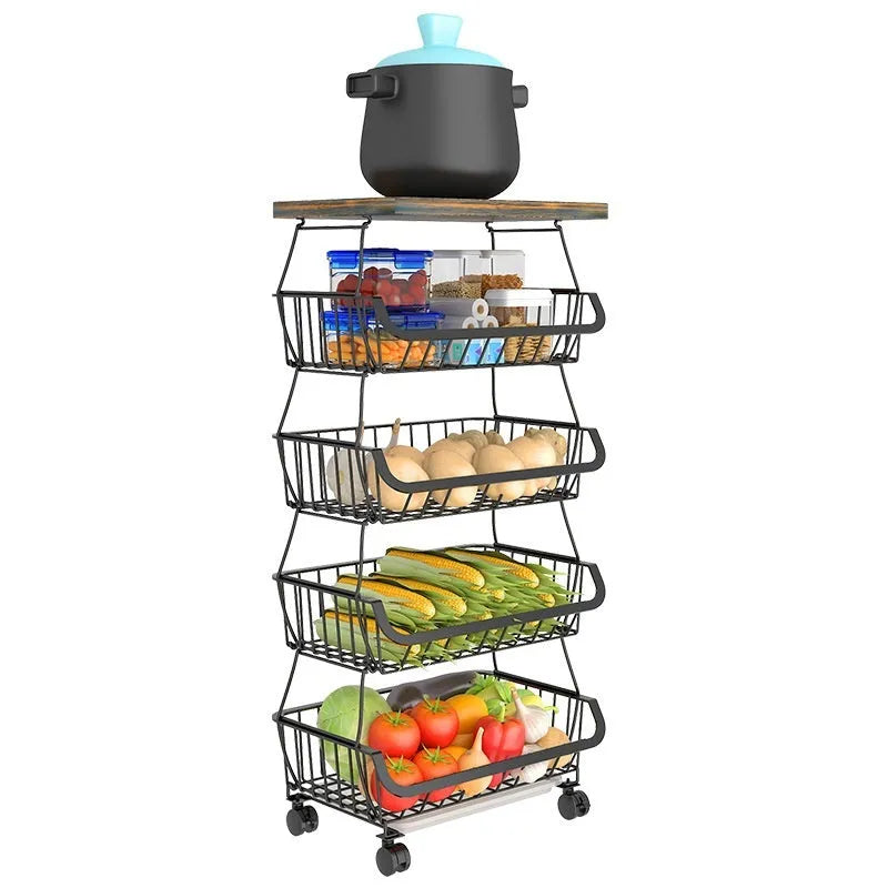 Black six layer kitchen shelf floor trolley with carbon steel frame and modern design