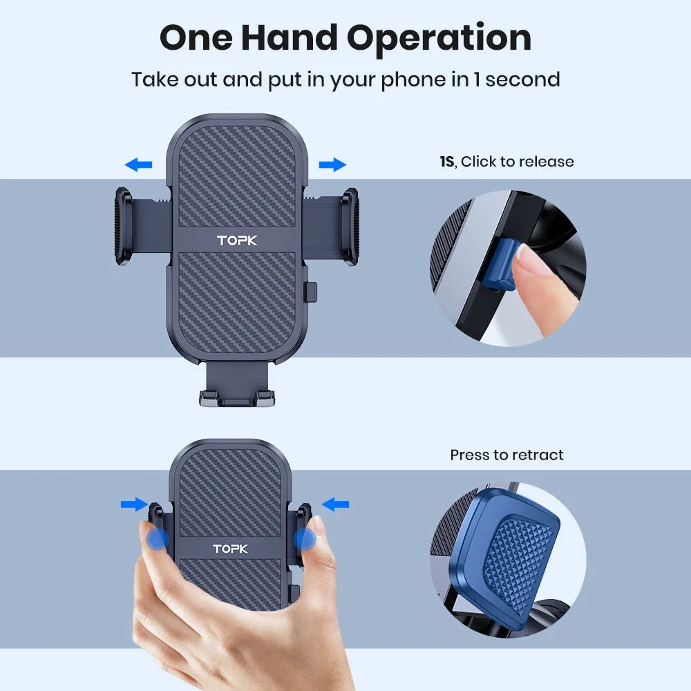 TOPKD46 universal car phone holder with multiple bracket styles for windscreen, dashboard and air vent mounting