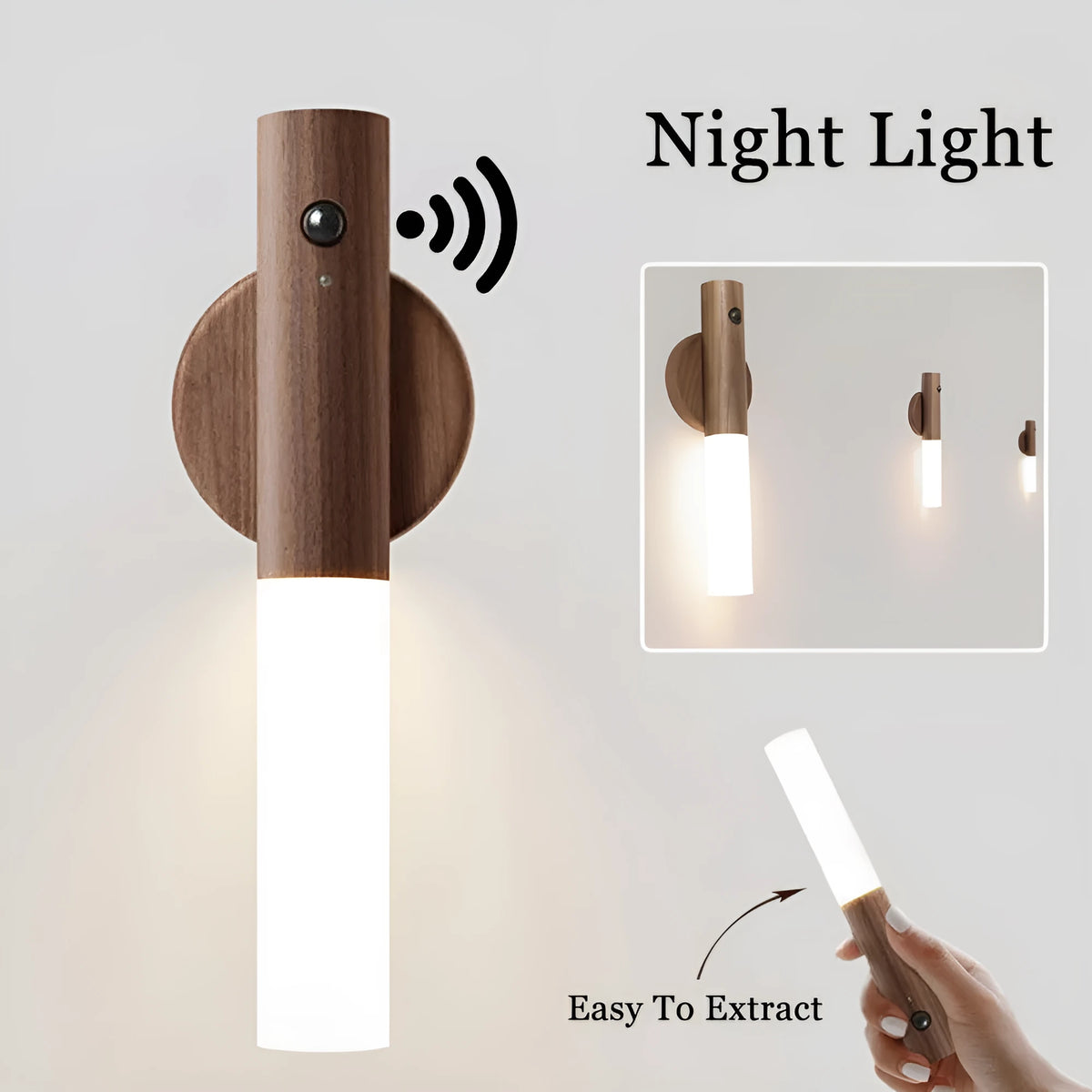 Magnetic USB LED night light with PIR motion sensor, warm white light, acrylic shade, Ash or Walnut finish
